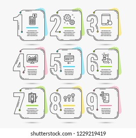 Infographic timeline set of Tablet pc, Credit card and Statistics icons. Customer satisfaction, Work and Calculator signs. Elevator, Music phone and Communication symbols