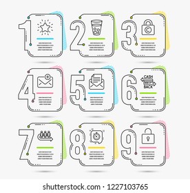 Infographic timeline set of Timer, Ice tea and Queue icons. Copyright locker, Rank star and Cashback card signs. Mail correspondence, New mail and Lock symbols. Timeline vector