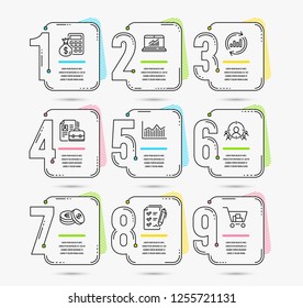 Infographic timeline set of Vacancy, Survey checklist and Savings icons. Update data, Finance calculator and Business targeting signs. Vector
