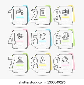 Infographic timeline set of Vitamin e, Pay money and Tips icons. Certificate, Engineer and Algorithm signs. Delete file, Typewriter and Search symbols. Vector