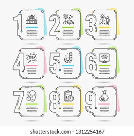 Infographic timeline set of Web shop, Exam time and Candy icons. Vacuum cleaner, Creative idea and Idea signs. Circus, Healthy face and Cash symbols. Vector