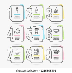 Infographic timeline. Set of Whiskey bottle, Whiskey glass and Mint tea icons. Espresso, Champagne glass and Takeaway coffee signs. Timeline vector