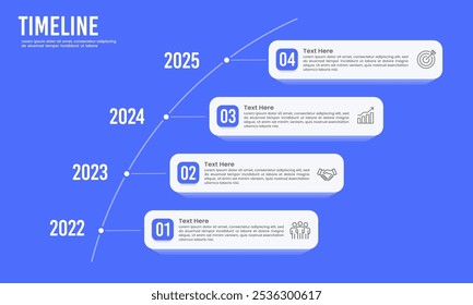 Línea de tiempo de infografía que muestra 4 eventos clave sobre fondo azul. Presentación de negocios, póster, Anuncio, flujo de trabajo e hitos. Ilustración vectorial.