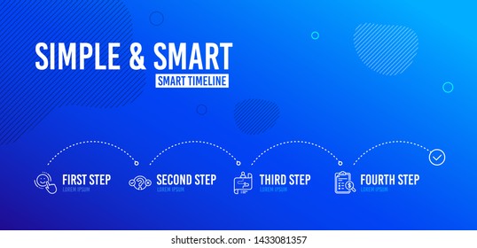Infographic timeline. Smile, Quiz test and Journey path icons simple set. Accounting report sign. Positive feedback, Select answer, Project process. Check finance. Business set. 4 steps layout. Vector