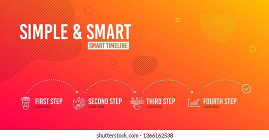 Infographic timeline. Social responsibility, Correct checkbox and Takeaway coffee icons simple set. Chart sign. Hand, Answer, Hot latte drink. Presentation chart. 4 steps layout. Vector