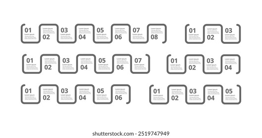 Infografik-Zeitleiste. Quadratisches wellenförmiges Design-Element. Optionen für Vektorzeitzeile 3-8.