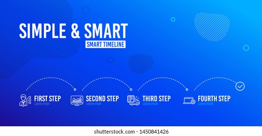Infographic timeline. Statistics, Truck parking and Third party icons simple set. Notebook service sign. Financial report, Free park, Team leader. Computer repair. 4 steps layout. Vector