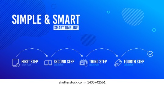 Infographic timeline. Technical documentation, Tablet pc and Book icons simple set. E-mail sign. Manual, Touchscreen gadget, E-learning course. Mail delivery. Education set. 4 steps layout. Vector