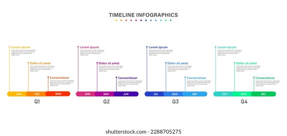 Infographic timeline template for 1 year. Business infographic timeline design with 12 steps or options. Can be used for workflows, calendar layouts, diagrams, presentations. Vector illustration