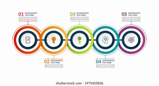 Infographic timeline template with 5 steps, options, circular elements. Can be used as a chart, diagram, graph for business infographics, presentation, annual report, brochure, web design.