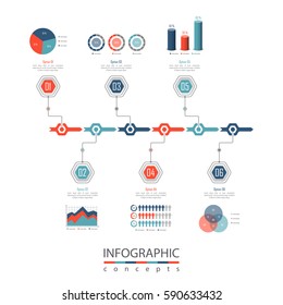 Infographic timeline template with 6 options, parts, steps can be used for chart, diagram, web design, presentation, advertising, history, report. Vector infographic illustration