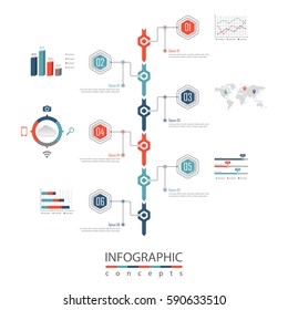 Infographic timeline template with 6 options, parts, steps can be used for chart, diagram, web design, presentation, advertising, history, report. Vector infographic illustration