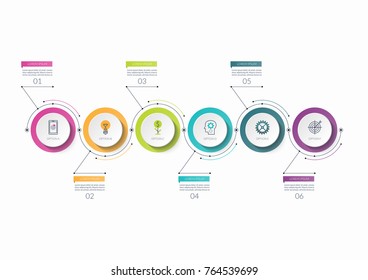 Infographic timeline template with 6 options. Can be used as a chart, diagram, graph for business presentation, annual report, brochure, web design.