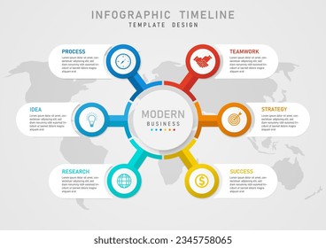 Infographic Timeline Template 6 Steps Business Management Planning Multi-colored circles with white circles and icons in the middle of the white frame, left and right sides with letters. map below