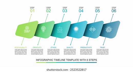 Infographic timeline template with 6 steps. Can be used for data visualization, graph, chart, report, web design. Vector illustration