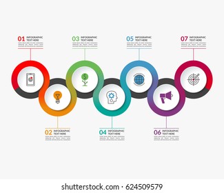 Infographic timeline template of 7 circular elements. Can be used for chart, graph, workflow layout, step by step infographics