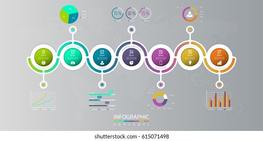 Infographic timeline template with 7 options, parts, steps can be used for chart, diagram, web design, presentation, advertising, history, report. Vector infographic illustration