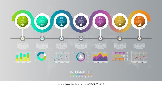 Infographic timeline template with 7 options, parts, steps can be used for chart, diagram, web design, presentation, advertising, history, report. Vector infographic illustration