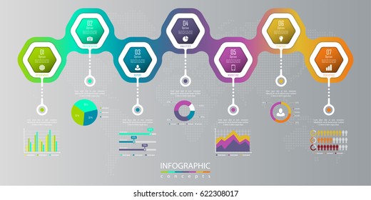 Infographic timeline template with 7 options, parts, steps can be used for chart, diagram, web design, presentation, advertising, history, report. Vector infographic illustration