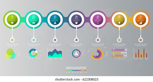 Infographic timeline template with 7 options, parts, steps can be used for chart, diagram, web design, presentation, advertising, history, report. Vector infographic illustration