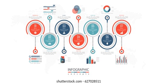 Infographic timeline template with 7 options, parts, steps can be used for chart, diagram, web design, presentation, advertising, history, report. Vector infographic illustration