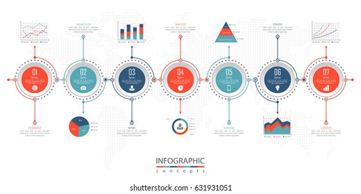 Infographic timeline template with 7 options, parts, steps can be used for chart, diagram, web design, presentation, advertising, history, report. Vector infographic illustration