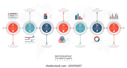 Plantilla de línea de tiempo de infografía con 7 opciones, piezas, pasos se pueden utilizar para gráficos, diagramas, diseño web, presentación, publicidad, historial, informe. Ilustración de la infografía vectorial