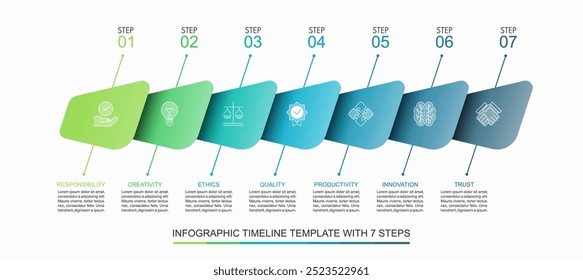 Infographic timeline template with 7 steps. Can be used for data visualization, graph, chart, report, web design. Vector illustration