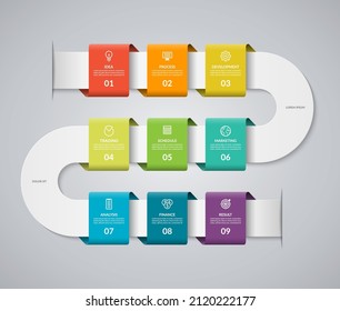 Infographic timeline template with 9 steps. Can be used for graph, chart, report, diagram, web design. Vector illustration