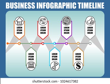 Infographic timeline template, abstract vector with seven elements, icons and copy space, blue gradient background with dark blue frame