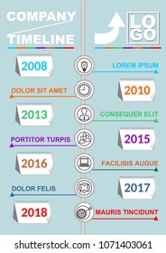 Infographic timeline template, abstract vector with seven calendar elements, icons and copy space, multicolored object on light blue background, company timeline