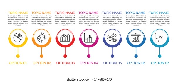Infographic Timeline template can be used for workflow layout, diagram, number options, web design. Infographic business concept with 7 option, parts, steps or processes. Abstract background.