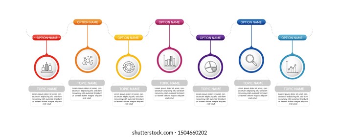 Infographic Timeline template can be used for workflow layout, diagram, number options, web design. Infographic business concept with 7 option, parts, steps or processes. Abstract background.