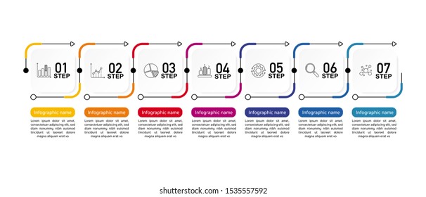Infographic Timeline template can be used for workflow layout, diagram, number options, web design. Infographic business concept with 7 option, parts, steps or processes. Abstract background.