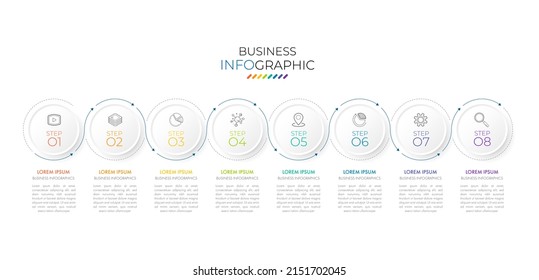 Infografische Timeline-Vorlage kann für Workflow-Layout, Diagramm, Zahlenoptionen, Web-Design verwendet werden. Infografisches Geschäftskonzept mit 8 Optionen, Teilen, Schritten oder Prozessen. Abstrakter Hintergrund.