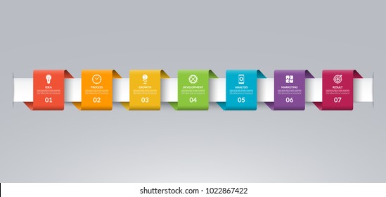 Infographic timeline template in the form of colored paper tapes. Vector banner with 7 options, steps, parts. Can be used for for web, workflow layout, time line, diagram, chart, graph