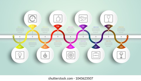 Infographic timeline template with icon and 9 options or step,Business concept, Blank space for content, business, graph, diagram, process, plate,time line, book cover, flowchart,info, step, printing