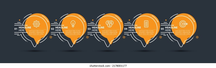 Plantilla de línea de tiempo de infografía, gráfico de procesos con 5 pasos, elementos de diseño numerados con lugar para texto e iconos. Concepto de negocio en línea delgada minimalista de estilo plano. Fondo vectorial.
