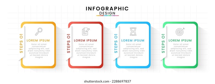 Infografik Timeline Template Quadrat mit 4 Optionen Konzept. Corporate Meilensteine grafische Elemente. Vektorgeschäftsvorlage zur Präsentation.	