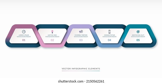 Infographic timeline template. Trapezoidal design elements surrounded with a multicolor flowing ribbon. Can be used for brochure, presentation, report, chart, graph, web design.