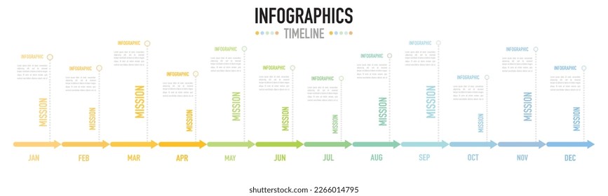 Infographic timeline template as a vector for 12 months planner, colorful label, simple and minimal style, for business planning presentation on white background, make mission of the year and future 