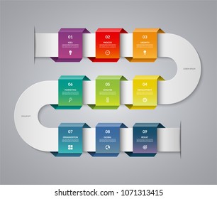 Infographic Timeline Template. Vector Banner With 9 Options, Steps, Parts.