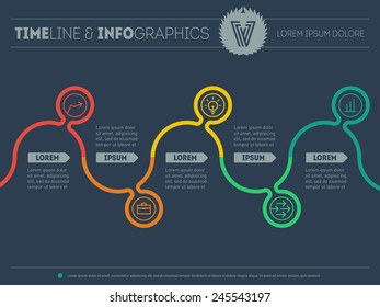 Infographic timeline. Time line of tendencies and trends. Vector web template with icons and design elements on dark background.