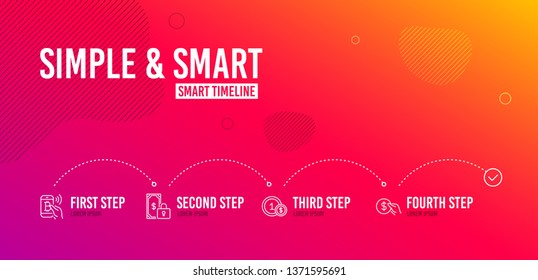 Infographic timeline. Usd coins, Bitcoin pay and Private payment icons simple set. Payment sign. Secure finance, Usd coin. Finance set. 4 steps layout. Line usd coins icon. Vector