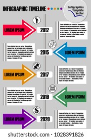 Infographic timeline visualization template, abstract vector with arrows, icons and copy space, seven multicolored elements available