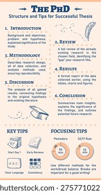 Infographic and tips on how to successfully write the PhD thesis, educational helper with advice and key steps, structure, and time management. Vector poster with hand-drawn graphics.
