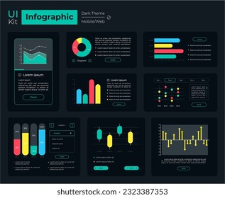 Infographic tools UI elements kit. Data visualization isolated vector dashboard components. Flat interface buttons template. Web design widget collection for mobile application with dark theme