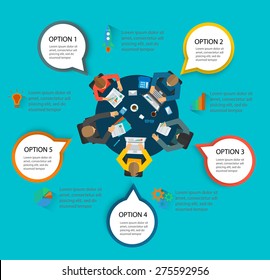 Infographic with top view of desk with people sitting , checking reports, brainstorming. Teamwork infographics concept. Design elements: laptops, mobile phones, pens, coffee mugs, sheets, documents 