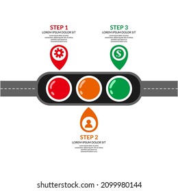 Infographic traffic light road background in Cartoon with symbol in yellow, red, and green color. stop, warning, and go sign, perfect for Illustration Vector Graphic presentation, campaign, and poster