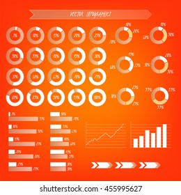 Infographic transparent vector. Orange, white and brown gradient pie, graph charts, arrows, graphic of growth.